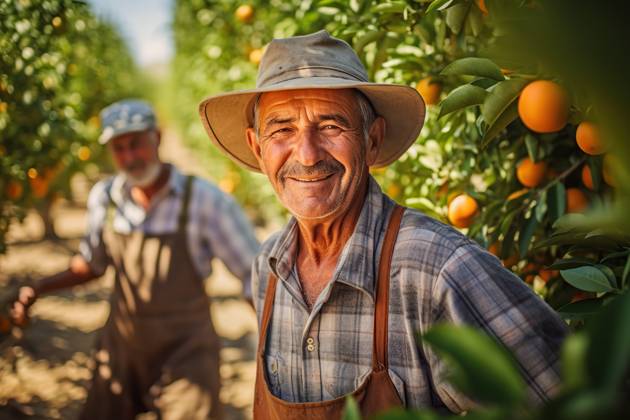 Farmer in his 50s next to orange tree. Generative AI Be er Sheva, South District, Israel CR_NPNGDI230516-1190190-01 ,property released