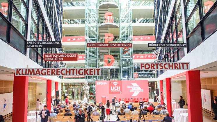 Berlin GER, Berlin, Progress needs justice Ð For 160 years ideas for tomorrow, SPD, 22 05 23, Overview SPD Atrium in Willy Brand Haus Topics, Energy, Future, Progress, Climate, Progress needs justice Ð For 160 years ideas for tomorrow, SPD, 22 05 23, Copyright: xUwexKoch Eibner-Pressefotox EP_UKH