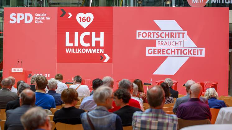 Berlin GER, Berlin, Progress needs justice Ð For 160 years ideas for tomorrow, SPD, 22 05 23, Overview SPD Atrium in Willy Brand Haus Topics, Energy, Future, Progress, Climate, Justice, Progress needs justice Ð For 160 years ideas for tomorrow, SPD, 22 05 23, Copyright: xUwexKoch Eibner-Pressefotox EP_UKH