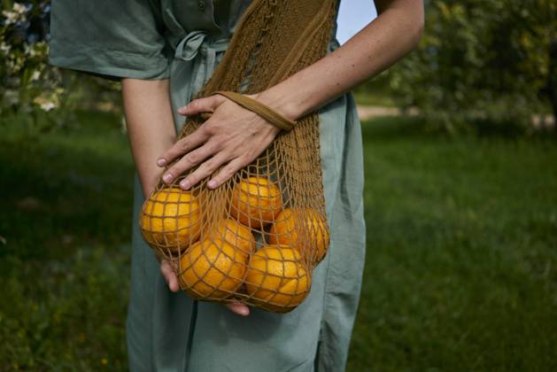 Woman holding reusable bag with organic oranges at orchard model released, Symbolfoto property released, ANNF00176