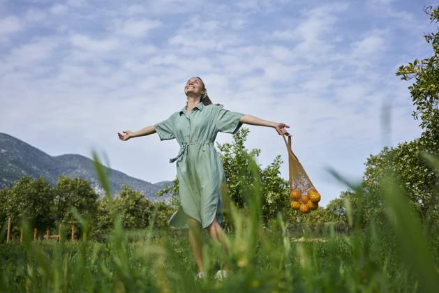 Smiling woman with arms outstretched standing in orange orchard model released, Symbolfoto property released, ANNF00183