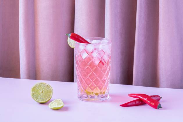 Clear glass filled with chilled refreshing cocktail served with pepper and ice cubes placed on the table with lime and peppers BegoSimon_ID13908_419618_006 Copyright: xBegoxSimonx Model Released