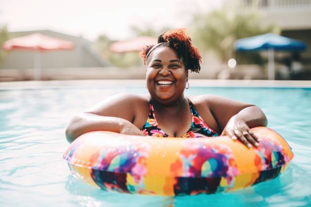 Happy black plus size woman in a pool with ring float. Generative AI. Madrid, Community of Madrid, Spain CR_CRVI230525-1195132-01 ,property released