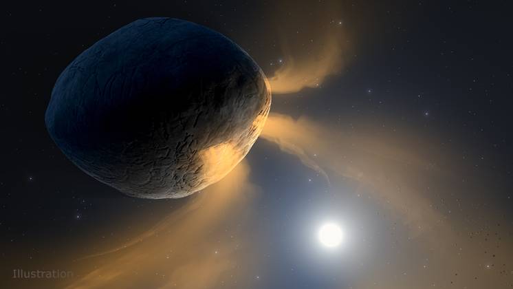 Asteroid Phaethon s Comet-Like Tail Not Made Of Dust But Gas Handout photo - This illustration depicts asteroid Phaethon being heated by the Sun. The asteroid?s surface gets so hot that sodium inside Phaethon?s rock likely vaporizes and vents into space, causing it to brighten like a comet and form a tail. We have known for a while that asteroid 3200 Phaethon acts like a comet. It brightens and forms a tail when it?s near the Sun, and it is the source of the annual Geminid meteor shower, even though comets are responsible for most meteor showers. Scientists had blamed Phaethon?s comet-like behavior on dust escaping from the asteroid as it?s scorched by the Sun. However, a new study using two NASA solar observatories reveals that P  Copyright: xABACAx 850759_001 ABACAx 850759_001