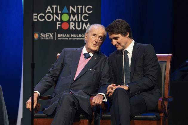 June 19, 2023, Antigonish, NS, Canada: Prime Minister Justin Trudeau, right, and former prime minister Brian Mulroney speak during the Atlantic Economic Forum at St. Francis Xavier University in Antigonish, N.S. on Monday, June 19, 2023. Antigonish Canada  - ZUMAc35_ 20230619_zaf_c35_073 Copyright: xDarrenxCalabresex