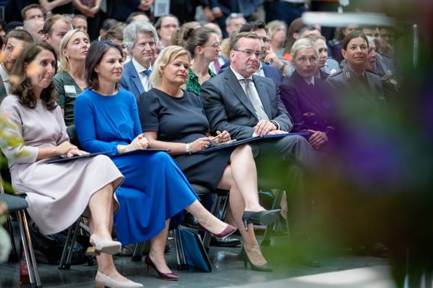 Ceremony for the Day of Peacekeeping 2023 in the Bundestag Foreign Minister Annalena Baerbock Greens together with Interior Minister Nancy Faeser SPD and Defense Minister Boris Pistorius SPD at the ceremony for the Day of Peacekeeping for the honor of German personnel in international peace operations in the Paul Loebe House of the Bundestag, Berlin , 22 0