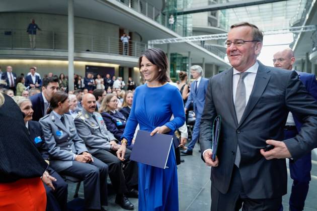 Peacekeeping Day 2023 Ceremony at the Bundestag Foreign Minister Annalena Baerbock Greens together with Interior Minister Nancy Faeser SPD and Defense Minister Boris Pistorius SPD arriving at the Peacekeeping Day Ceremony for honoring German personnel in international peacekeeping operations at the Paul Loebe Haus of the Bundestag, Berlin