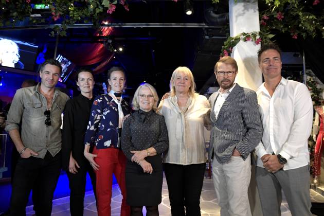 STOCKHOLM 20180507 Björn Ulvaeus gave a speech at the opening of the new interactive exhibition at the ABBA Museum Participating in the opening ceremony were, from left, Peter Jöback, Mia Segoldsson, Caroline Fagerlind, Görel Hanser, Ing Marie Halling, Björn Ulvaeus and Mattias Tengblad STOCKHOLM SWEDEN x10010x  Copyright: xJanerikxHenriksson TTx ABBA MUSEUM