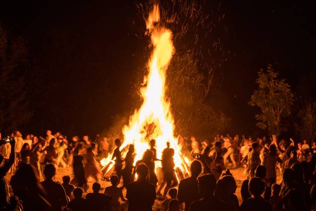 Solstice fire with large crowd, Tübingen, Baden Württemberg, Germany