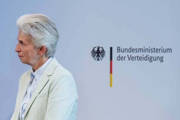 Peacekeeping Day at the Bundestag, Marie Agnes Strack Zimmermann Peacekeeping Day at the Bundestag, Paul Löbe Haus, 22 6 2023, Marie Agnes Strack Zimmermann, in the background the logo of the Federal Ministry of Defense Berlin Berlin GER