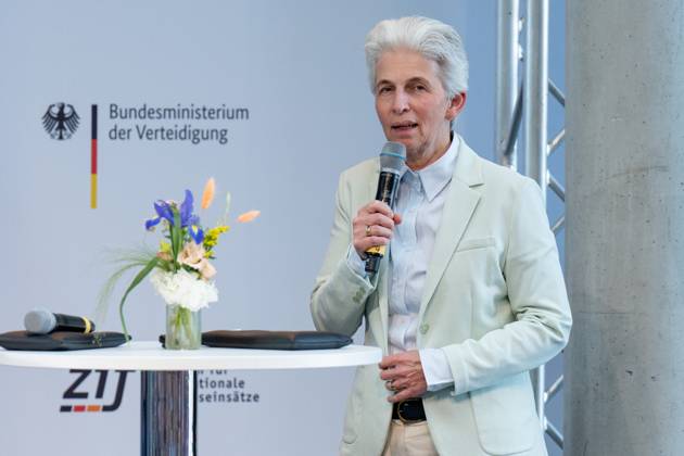 Peacekeeping Day at the Bundestag, Marie Agnes Strack Zimmermann Peacekeeping Day at the Bundestag, Paul Löbe Haus, 22 6 2023, Marie Agnes Strack Zimmermann, in the background the logo of the Federal Ministry of Defense Berlin Berlin GER