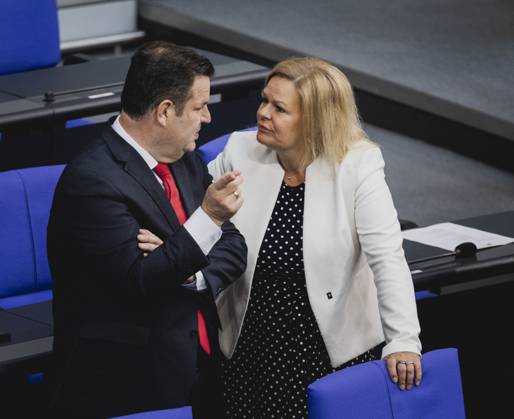 L R Hubertus Heil SPD , Federal Minister of Labor and Social Affairs, and Nancy Faeser SPD , Federal Minister of the Interior and Homeland, recorded during the debate in the German Bundestag on skilled worker immigration Berlin, 23 06 2023 Berlin Germany Copyright: xFlorianxGaertnerx
