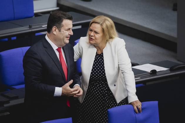 L R Hubertus Heil SPD , Federal Minister of Labor and Social Affairs, and Nancy Faeser SPD , Federal Minister of the Interior and Homeland, recorded during the debate in the German Bundestag on skilled worker immigration Berlin, 23 06 2023 Berlin Germany Copyright: xFlorianxGaertnerx