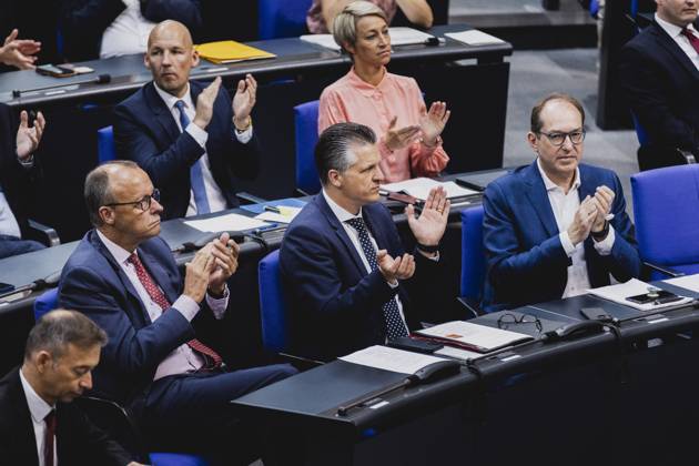 L R Friedrich Merz, CDU party chairman, Thorsten Frei, member of the German Bundestag CDU CSU , and Alexander Dobrindt, chairman of the CSU state group in the German Bundestag, recorded during the debate in the German Bundestag on skilled worker immigration Berlin, 23 06 2023 Berlin Germany Copyright: xFlorianxGaertnerx