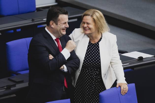L R Hubertus Heil SPD , Federal Minister of Labor and Social Affairs, and Nancy Faeser SPD , Federal Minister of the Interior and Homeland, recorded during the debate in the German Bundestag on skilled worker immigration Berlin, 23 06 2023 Berlin Germany Copyright: xFlorianxGaertnerx