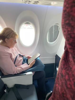 June 28, 2023, Berlin, Germany: Former German Chancellor Angela Merkel on a commerical flight from Paris to Berlin Berlin Germany - ZUMAu22_ 20230628_zap_u22_001 Copyright: xSeanxSmudax