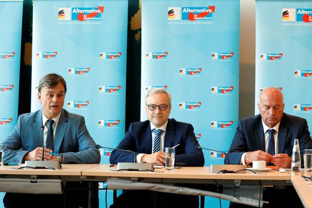 First Parliamentary Secretary of the AfD parliamentary group in the German Bundestag, Bernd Baumann, Marc Bernhard, AfD, AfD defense policy spokesman, Rüdiger Lucassen, Germany, Berlin, Reichstag, AfD session-weekly press briefing