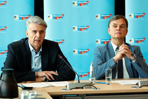 Dr Marc Jongen, AfD, First Parliamentary Secretary of the AfD parliamentary group in the German Bundestag, Bernd Baumann, Germany, Berlin, Reichstag, AfD sitzungswöchentlichen Pressegespräch