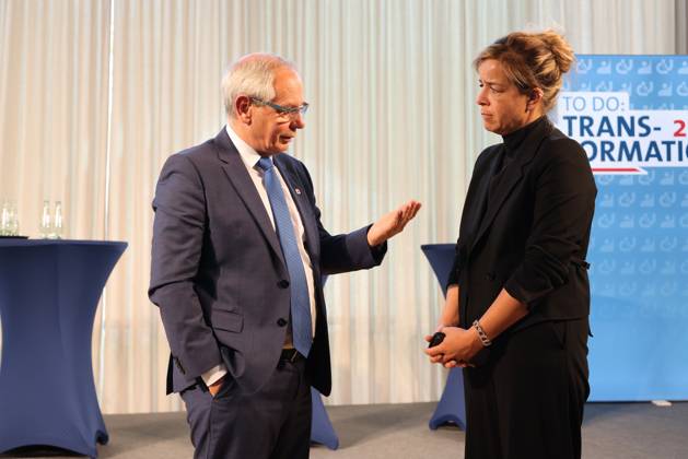 Vassiliiadis Neubauer and Habeck 04072023, Germany, Berlin, Rheinland Pfalz Landesvertretung, discussion event of the foundation of the trade union IGBCE, with Michael Vassiliadis IGBCE , Robert Habeck Minister für Wirtschaft, Mona Neubauer NRW Minister for Economic Affairs, here Mona Neubauer talking to the trade union IGBCE Vassiliadis Berlin Berlin Germany