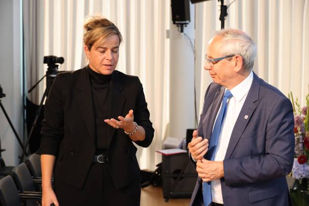 Vassiliiadis Neubauer and Habeck 04072023, Germany, Berlin, Rheinland Pfalz Landesvertretung, discussion event of the foundation of the trade union IGBCE, with Michael Vassiliadis IGBCE , Robert Habeck Minister für Wirtschaft, Mona Neubauer NRW Minister for Economic Affairs, here Mona Neubauer talking to the trade union IGBCE Vassiliadis Berlin Berlin Germany