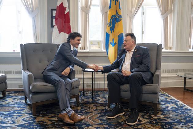 July 17, 2023, Halifax, NS, Canada: Prime Minister Justin Trudeau, left, and Mike Savage, mayor of the Halifax Regional Municipality, meet at City Hall in Halifax, Monday, July 17, 2023. Halifax Canada - ZUMAc35_ 20230717_zaf_c35_066 Copyright: xDarrenxCalabresex