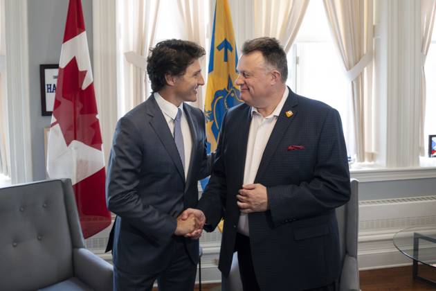 July 17, 2023, Halifax, NS, Canada: Prime Minister Justin Trudeau, left, and Mike Savage, mayor of the Halifax Regional Municipality, meet at City Hall in Halifax, Monday, July 17, 2023. Halifax Canada - ZUMAc35_ 20230717_zaf_c35_068 Copyright: xDarrenxCalabresex