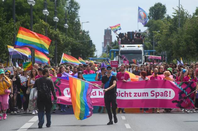 July 22, 2023, Berlin, Germany: People march with pride flags and placards during the pride parade. Berlin Christopher Street Day (CSD Berlin) or Berlin Pride Parade is an annual demonstration in Berlin for the rights of LGBT+ people. Berlin Germany - ZUMAs197 20230722_zab_s197_071 Copyright: xYauhenxYerchakx
