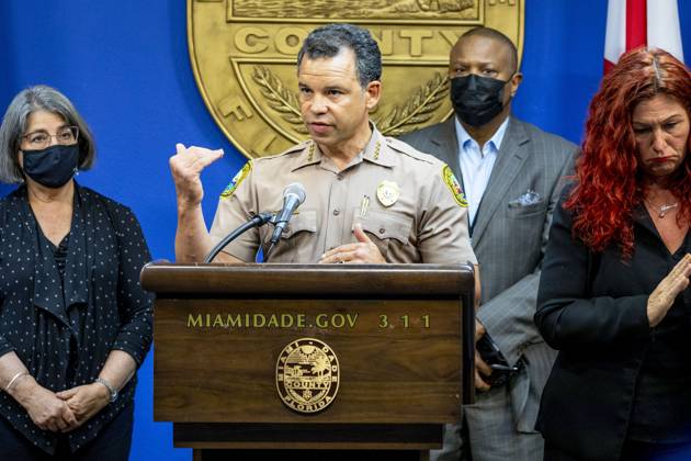 July 26, 2021, Miami Gardens, Florida, United States of America: Miami-Dade Police Department Director Alfredo ‘Freddyâ€⠢ Ramirez III, along with other county officials, provides an update on the search-and-recovery operation following the partial collapse of the Champlain Towers South condo in Surfside at a press conference at Miami-Dade Emergency Operations in Doral, Florida, on July 26, 2021. The building collapsed June 24, 2021, killing 98 people, Miami Gardens United States of America - ZUMAm67_ 20210726_zaf_m67_043 Copyright: xDanielxA.xVarelax