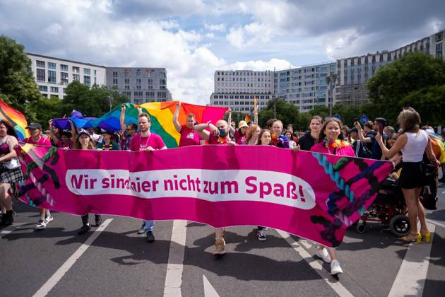 45th Christopher Street Day Parade under the motto Be their voice - and ours For more empathy and solidarity moves through Berlin to the Victory Column The demonstration dema