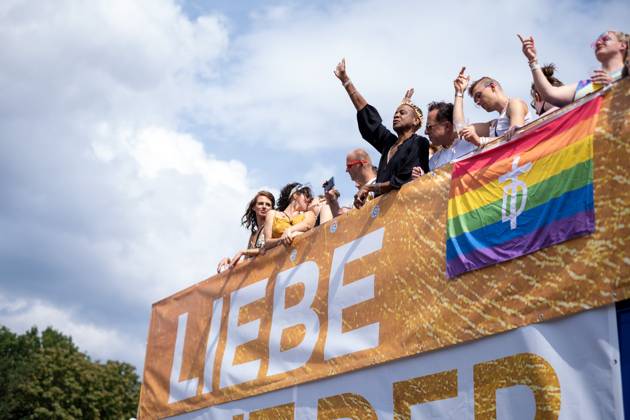 45th Christopher Street Day Parade under the motto Be their voice - and ours For more empathy and solidarity moves through Berlin to the Victory Column The demonstration dema