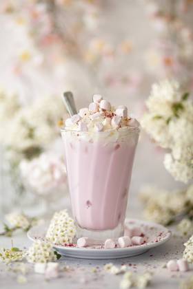 A pink hot chocolate drink served over ice and topped with whipped cream and marshmallows. A pink hot chocolate drink served over ice and topped with whipped cream and marshmallows. Copyright: xJanexCouplandx JS240723-9