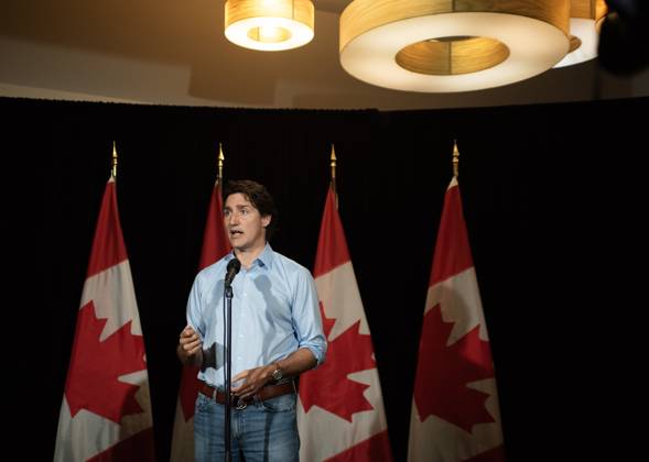 August 20, 2023, Charlottetown, PE, CANADA: Prime Minister Justin Trudeau makes a statement about the wildfires in Western Canada in Charlottetown, Sunday, Aug. 20, 2023. He and the rest of his cabinet is in the city for a retreat beginning Monday. Charlottetown CANADA  - ZUMAc35_ 20230820_zaf_c35_035 Copyright: xBrianxMcinnisx