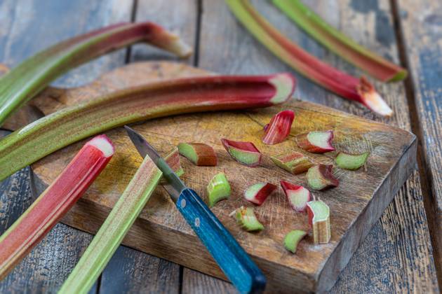 Rhubarb, vegetable plant Close-up of rhubarb cut into small pieces with a knife on a cutting board. Copyright: xCHASSENETx xBSIPx 016218_175 Bsip_016218_175 model release