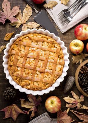 Top view Thanksgiving Apple pie with Autumn leaves Fir cones Copyright: imageBROKER OleksandrxLatkun ibxole09569193.jpg