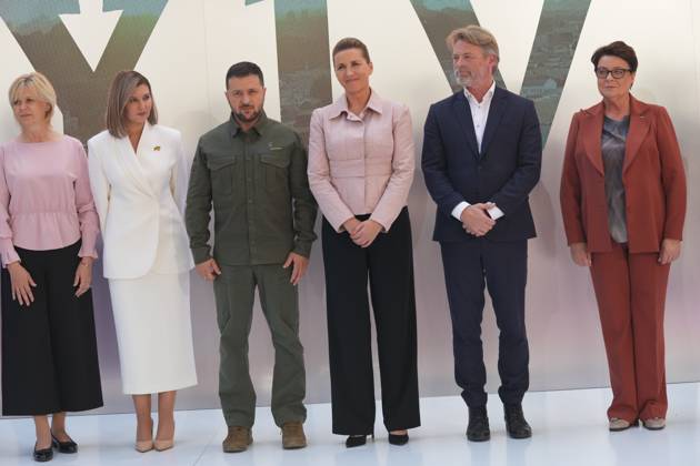 Denmarks Prime Minister Mette Frederikse, her husband Bo Tengberg, Ukrainian President Volodymyr Zelenskyj and First Lady Olena Zelenska during the Third Summit of First Ladies and Gentlemen in Kyiv, Ukraine, Wednesday September 6, 2023 , Kyiv Denmark  Copyright: IdaxMariexOdgaardx spdk20230906-120307-L
