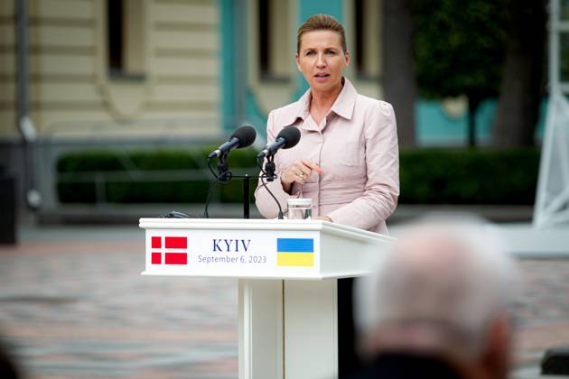 KYIV, UKRAINE - SEPTEMBER 6, 2023 - Prime Minister of the Kingdom of Denmark Mette Frederiksen attends a joint briefing with President of Ukraine Volodymyr Zelenskyy in Constitution Square, Kyiv, capital of Ukraine. Briefing of Ukrainian President and Danish PM in Kyiv  Copyright: xKirillxChubotinx