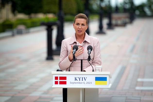 KYIV, UKRAINE - SEPTEMBER 6, 2023 - Prime Minister of the Kingdom of Denmark Mette Frederiksen attends a joint briefing with President of Ukraine Volodymyr Zelenskyy in Constitution Square, Kyiv, capital of Ukraine. Briefing of Ukrainian President and Danish PM in Kyiv  Copyright: xKirillxChubotinx