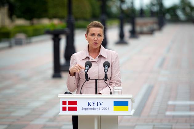 KYIV, UKRAINE - SEPTEMBER 6, 2023 - Prime Minister of the Kingdom of Denmark Mette Frederiksen attends a joint briefing with President of Ukraine Volodymyr Zelenskyy in Constitution Square, Kyiv, capital of Ukraine. Briefing of Ukrainian President and Danish PM in Kyiv  Copyright: xKirillxChubotinx