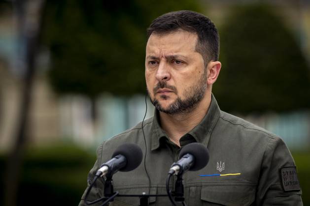 Ukrainian President Volodymyr Zelenskyj during a press conference with Denmarks Prime Minister Mette Frederiksen, not seen, in front of the presidential palace in Kyiv, Ukraine, Wednesday, September 6, 2023 , Kyiv Ukraine  Copyright: RitzauxScanpix IdaxMariexOdgaardx spdk20230906-185422-L