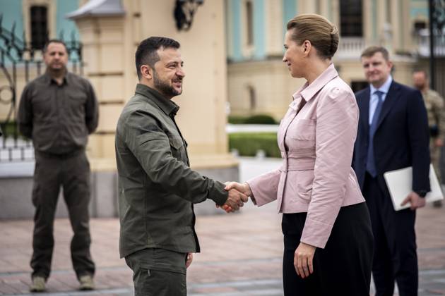 Ukrainian President Volodymyr Zelenskyj and Denmarks Prime Minister Mette Frederiksen during a press conference in front of the presidential palace in Kyiv, Ukraine, Wednesday, September 6, 2023 , Kyiv Ukraine  Copyright: RitzauxScanpix IdaxMariexOdgaardx spdk20230906-185616-L