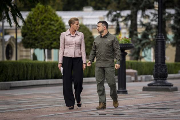 Ukrainian President Volodymyr Zelenskyj and Denmarks Prime Minister Mette Frederiksen during a press conference in front of the presidential palace in Kyiv, Ukraine, Wednesday, September 6, 2023 , Kyiv Ukraine  Copyright: RitzauxScanpix IdaxMariexOdgaardx spdk20230906-185248-L