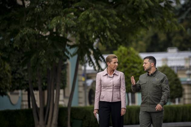 Ukrainian President Volodymyr Zelenskyj and Denmarks Prime Minister Mette Frederiksen during a press conference in front of the presidential palace in Kyiv, Ukraine, Wednesday, September 6, 2023 , Kyiv Ukraine  Copyright: RitzauxScanpix IdaxMariexOdgaardx spdk20230906-185251-L