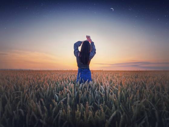 Girls at Golden Wheat field at Sunset Beauty Twilight landscape at the summery Starry sky with Crescent moon magic natural Scene, Freedom Concept Copyright: imageBROKER PsychoShadow ibxaiu09608826.jpg ,model released, Symbolfoto ,property released