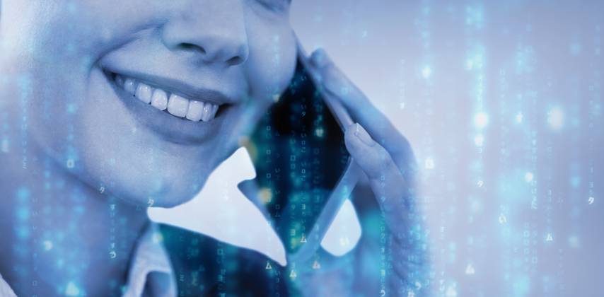 Close up of smiling businesswoman talking on mobile phone against digitally generated black and blue matrix , 29498710.jpg, RECORD DATE NOT STATED