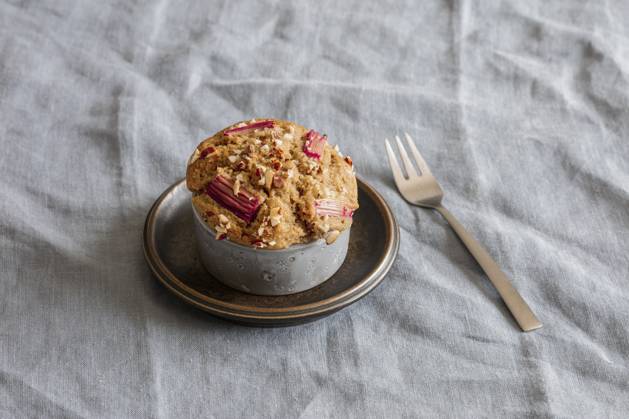 Rhubarb muffin against gray background, EVGF04373