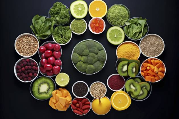 A diverse composition of nutritious food items elegantly presented in a balanced arrangement. Vibrant Healthy Food Spread Copyright: xFilippoxCarlotx COMM (13777)
