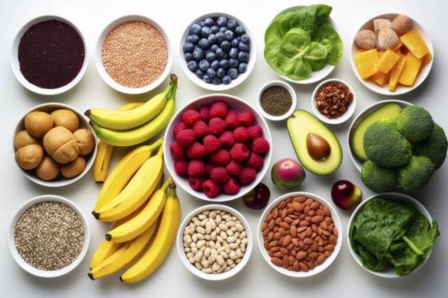 A diverse composition of nutritious food items elegantly presented in a balanced arrangement. Vibrant Healthy Food Spread Copyright: xFilippoxCarlotx COMM (13781)