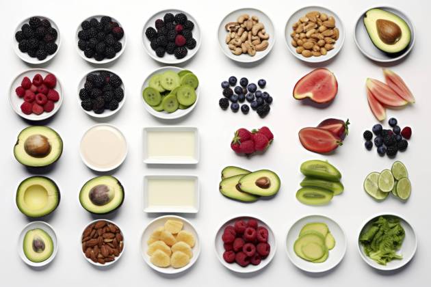 A diverse composition of nutritious food items elegantly presented in a balanced arrangement. Vibrant Healthy Food Spread Copyright: xFilippoxCarlotx COMM (13843)