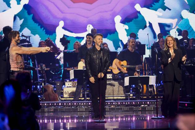 Howard Donald, Gary Barlow and Mark Owen of Take That at the recording of the ARD TV show Your Songs in Studio 3 of Media City Leipzig, 18 10 2023 Foto:xM.xKremerx xFuturexImagex your_song_3002