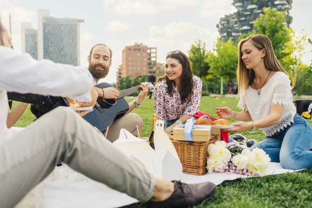 Smiling man playing guitar with friends enjoying picnic in park model released, Symbolfoto, MEUF09214